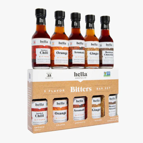 Hella Cocktail Co 5-Pack Bitters Barset, Aromatic/Mexican Chocolate/Ginger/Orange/Smoked Chili, 1.7oz each